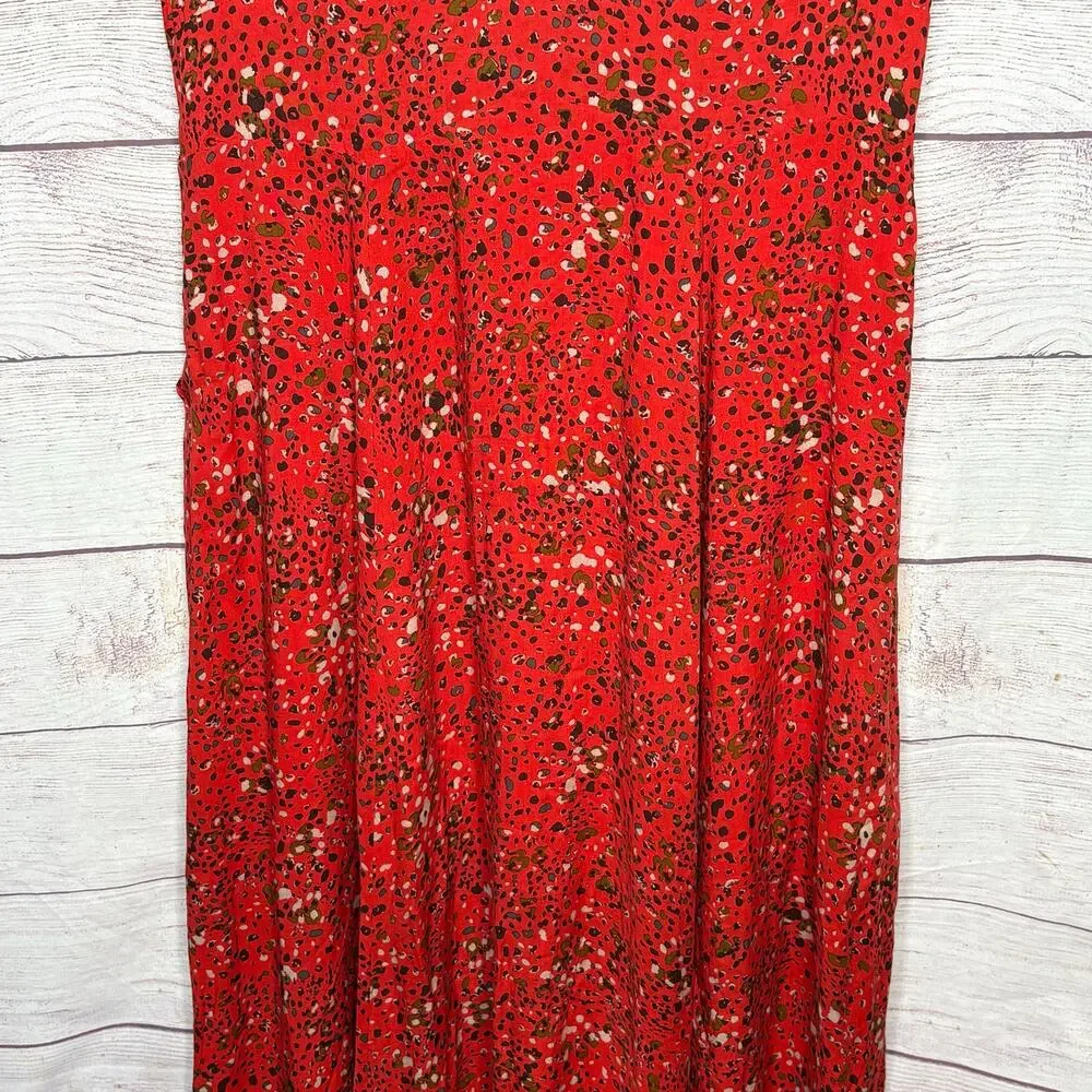 Free People 40's Print Midi Button Up Cap Sleeve Red Lined Shirt Dress Size 12